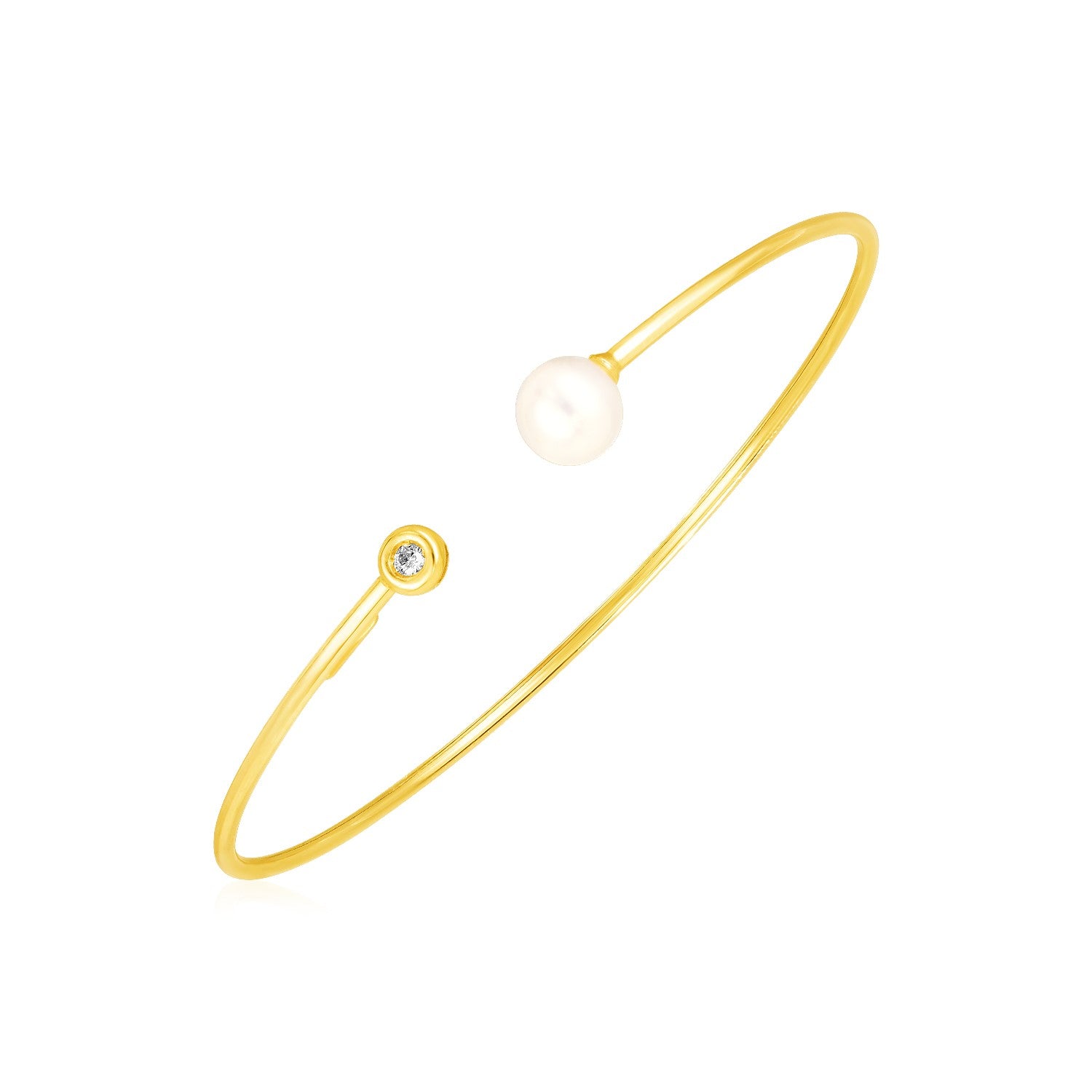 14k Yellow Gold Cuff Bangle with Pearl and Diamond (3.00 mm) in a sleek high-contrast midnight luxury editorial style